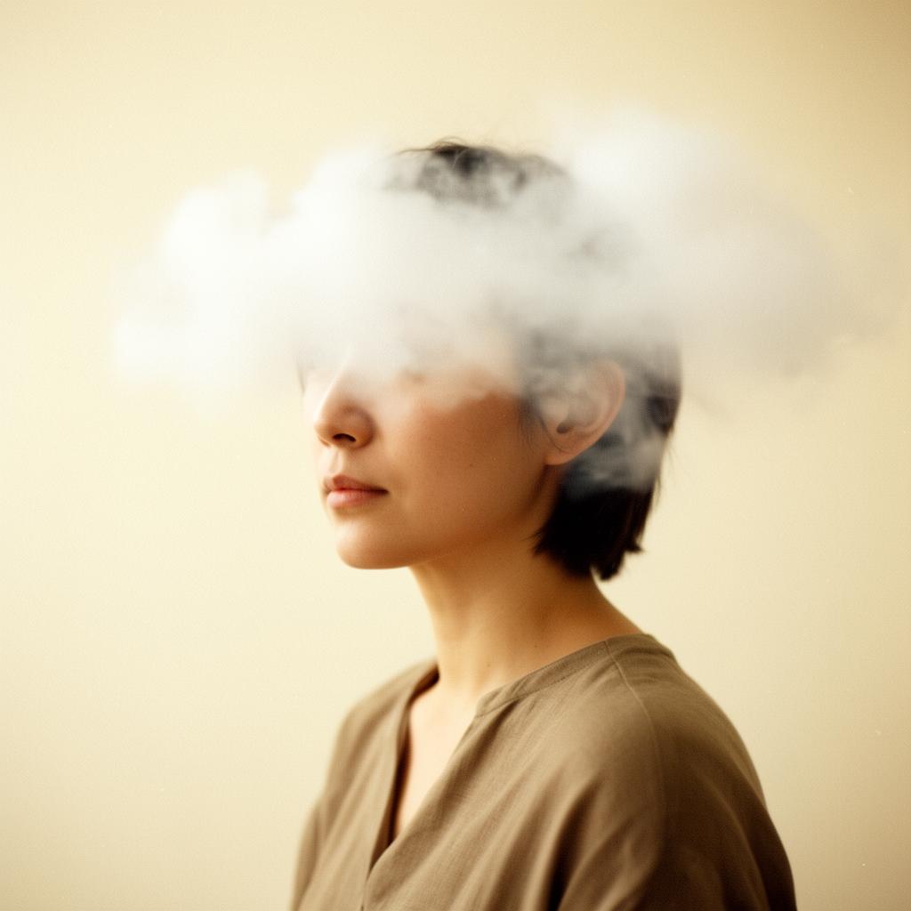 A thoughtful person partially obscured by a soft drifting cloud